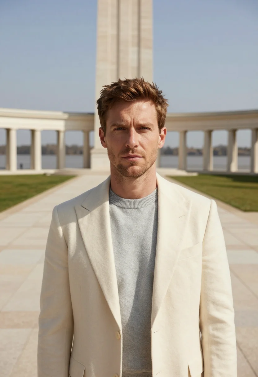 AI rosario architect flag monument travertine sample — portrait of a man, an architect in his late thirties with fa