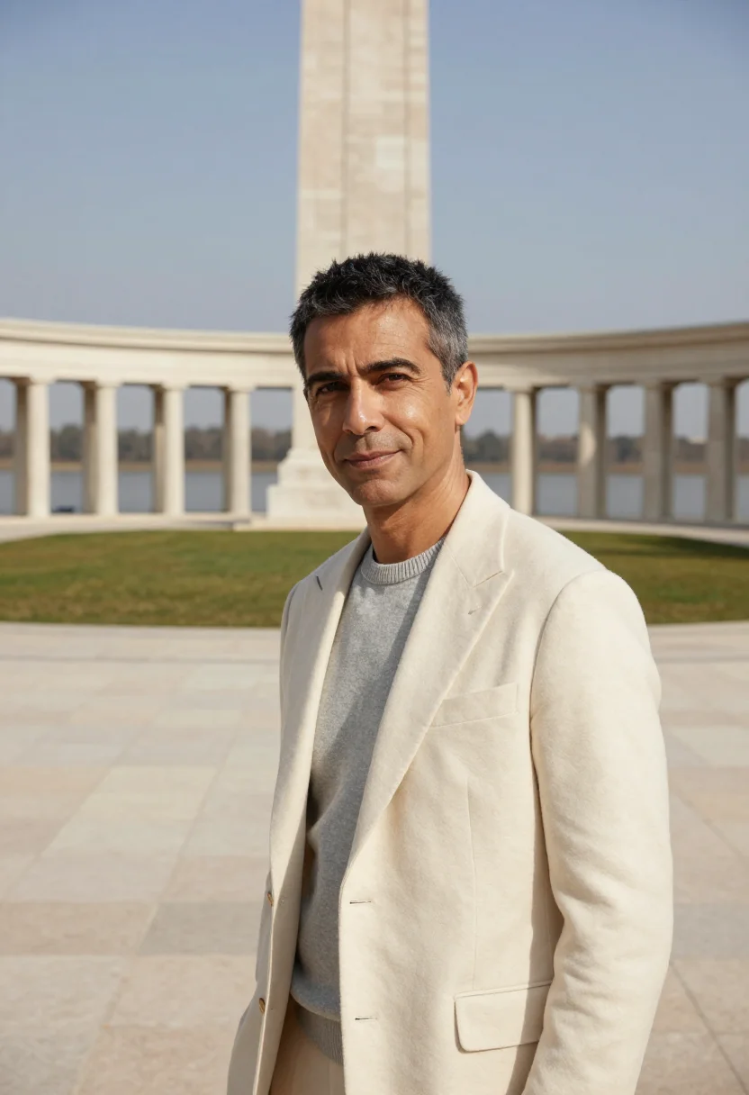 AI rosario architect flag monument travertine sample — portrait of a man, an architect in his early fifties with wa