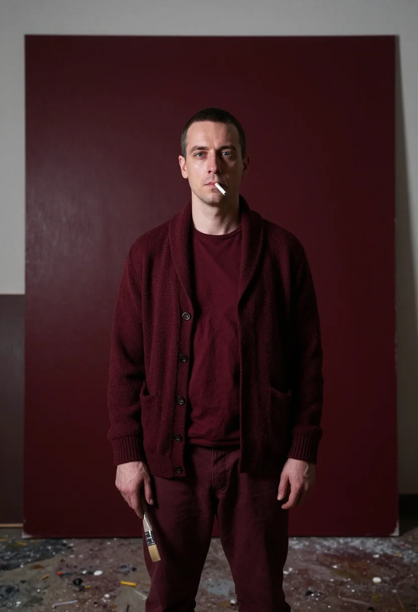 AI rothko maroon sample — portrait of a man, a man in his forties with warm ivory skin