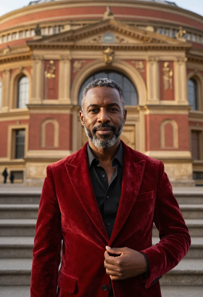 AI royal albert hall conductor terracotta sample — portrait of a man, in his mid-forties, Black British, with d