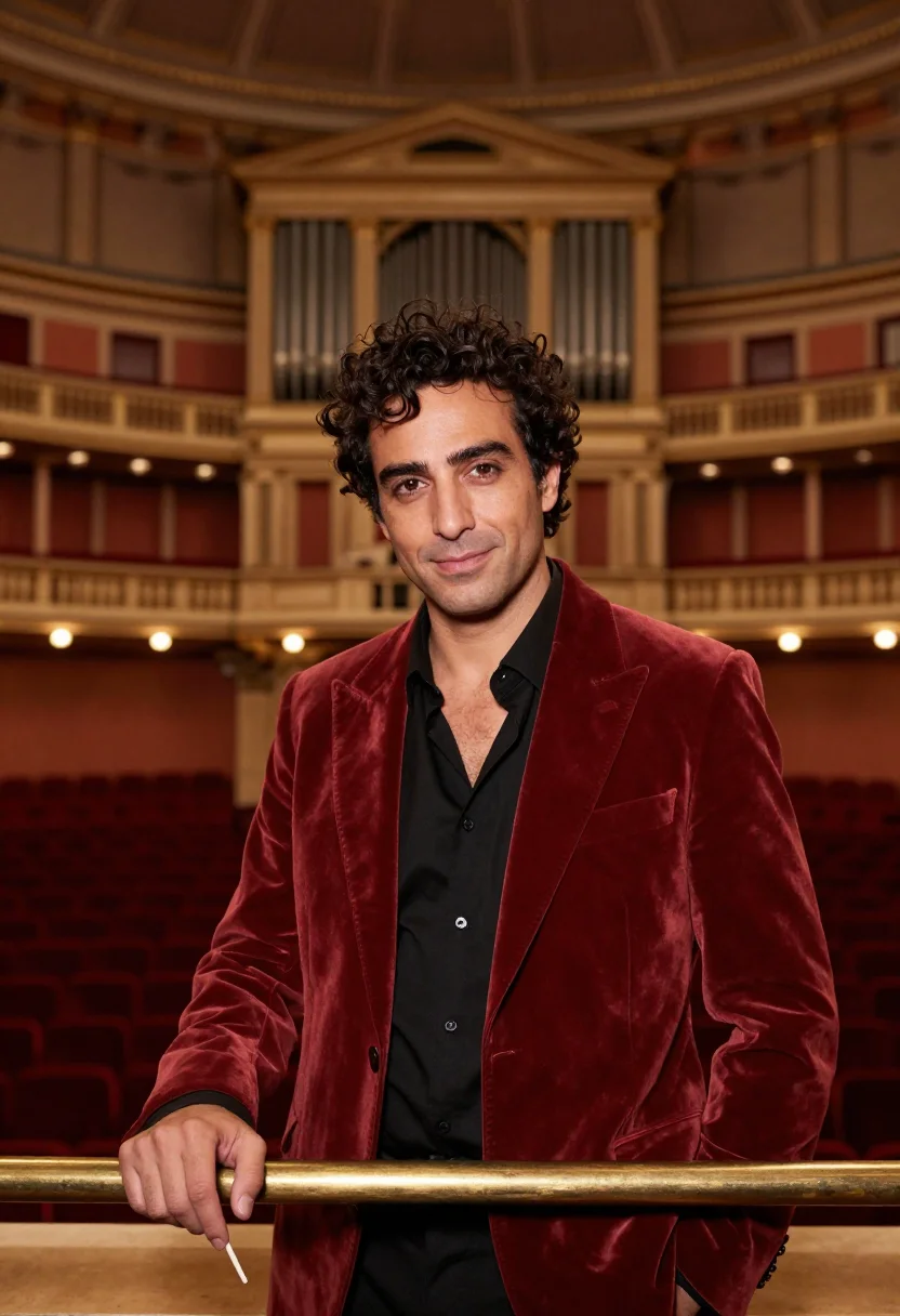 AI royal albert hall conductor terracotta sample — portrait of a man, in his mid-thirties, Italian, with warm o