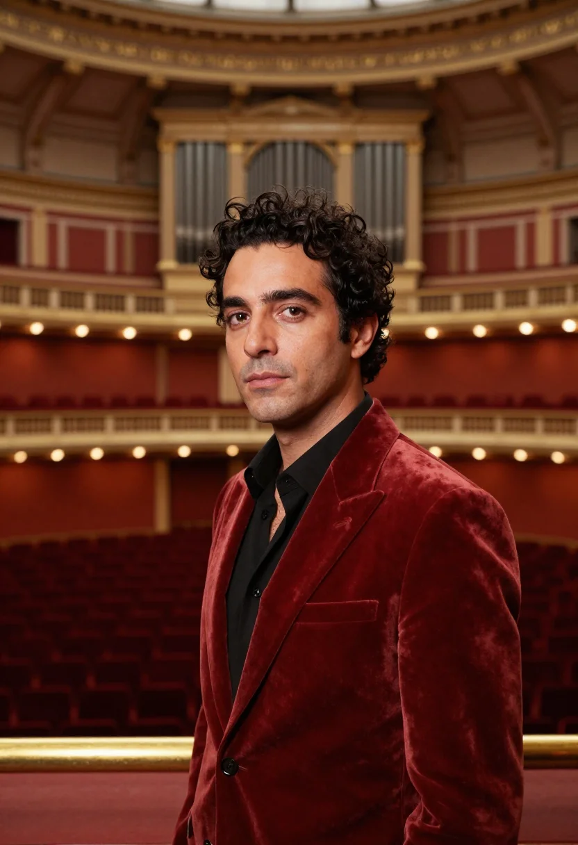 AI royal albert hall conductor terracotta sample — portrait of a man, in his mid-thirties, Italian, with warm o