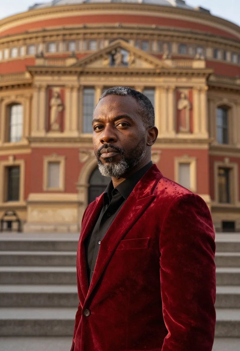AI royal albert hall conductor terracotta sample — portrait of a man, in his mid-forties, Black British, with d