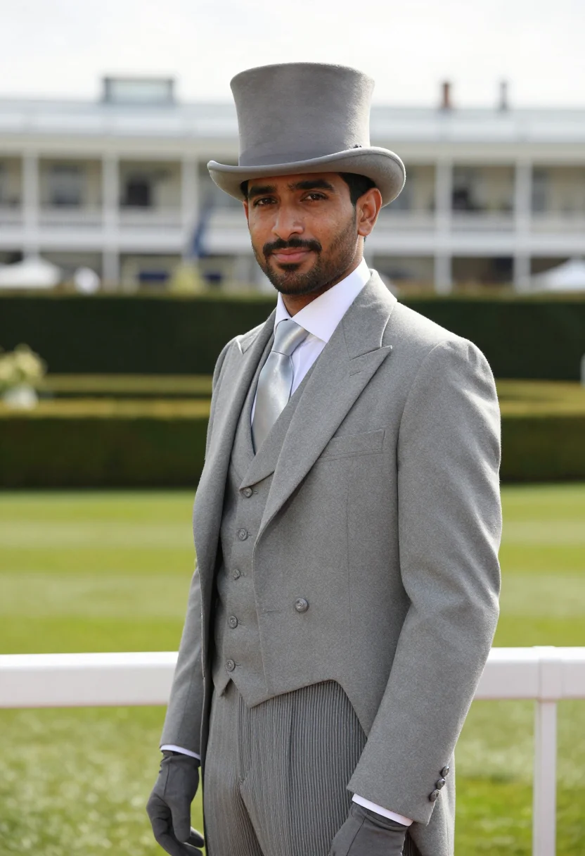 AI royal ascot morning coat grey topper sample — portrait of a man, framed tight, head and shoulders, the bod