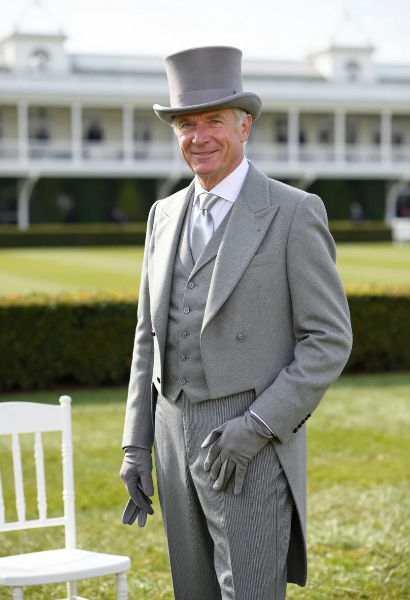 AI royal ascot morning coat grey topper sample — portrait of a man, framed half-length to the upper thigh, a