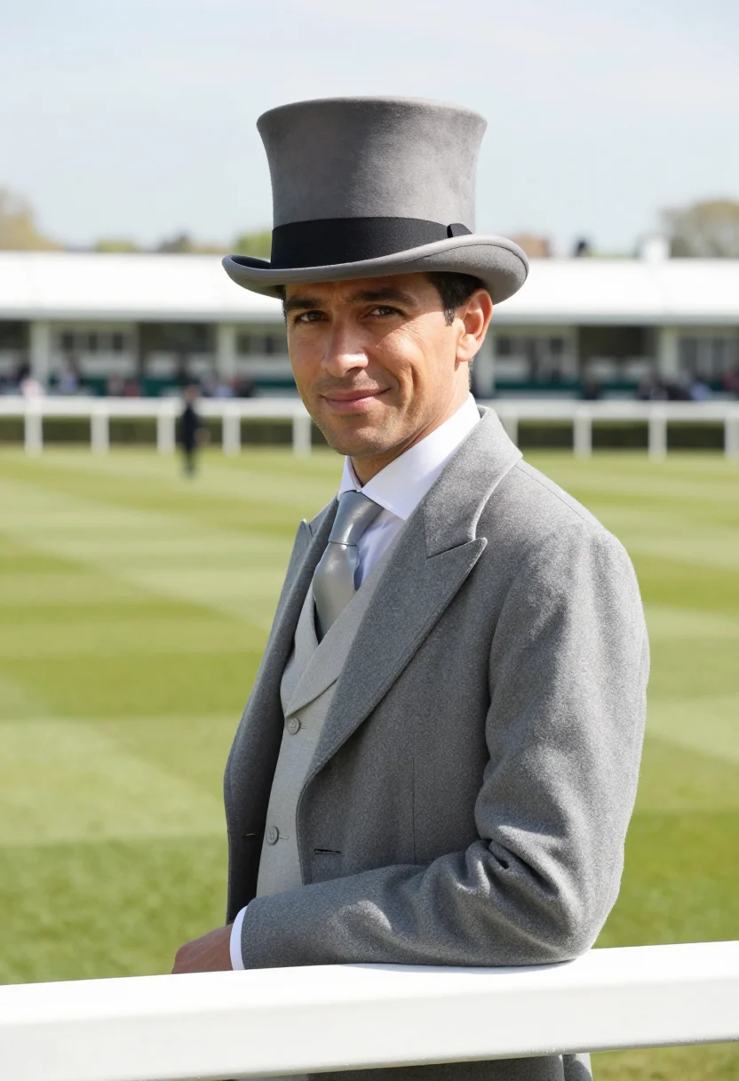 AI royal ascot morning coat grey topper sample — portrait of a man, framed chest-up from the ribs, the body c