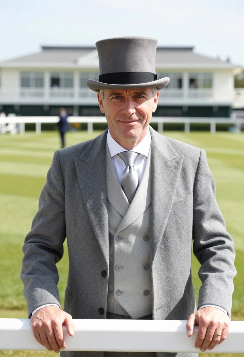 AI royal ascot morning coat grey topper sample — portrait of a man, framed chest-up from a little above the r