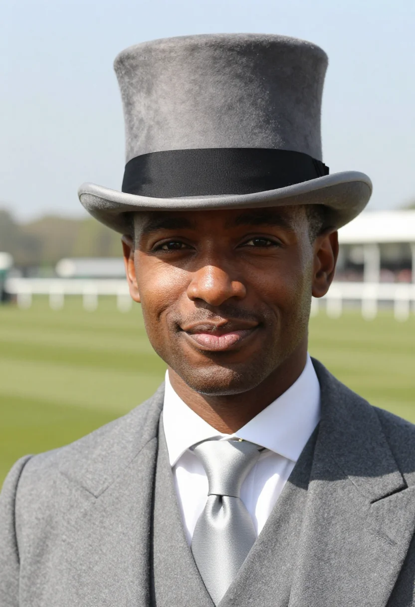 AI royal ascot morning coat grey topper sample — portrait of a man, framed tight, head and shoulders from a s