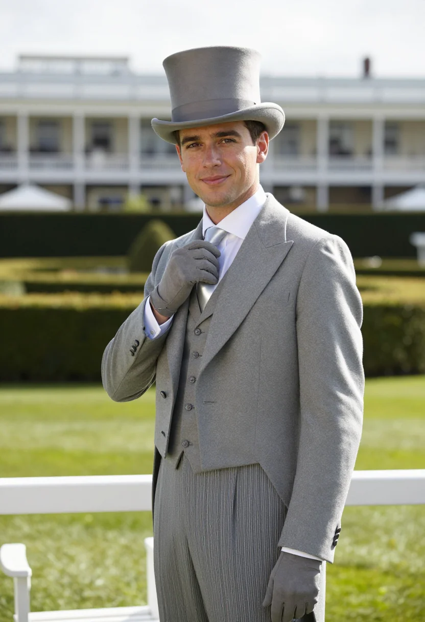 AI royal ascot morning coat grey topper sample — portrait of a man, framed chest-up from the ribs, the body c