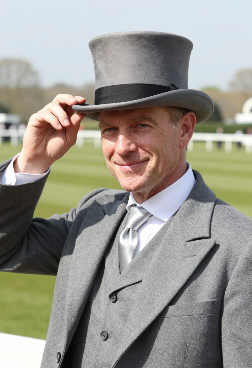 AI royal ascot morning coat grey topper sample — portrait of a man, framed chest-up from the ribs, the body c