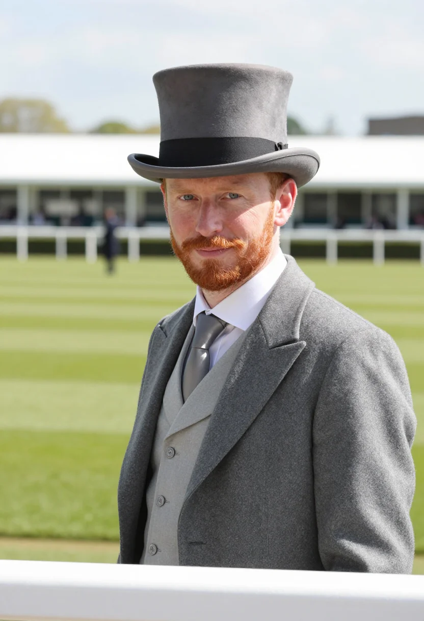 AI royal ascot morning coat grey topper sample — portrait of a man, framed tight, head and shoulders, the bod
