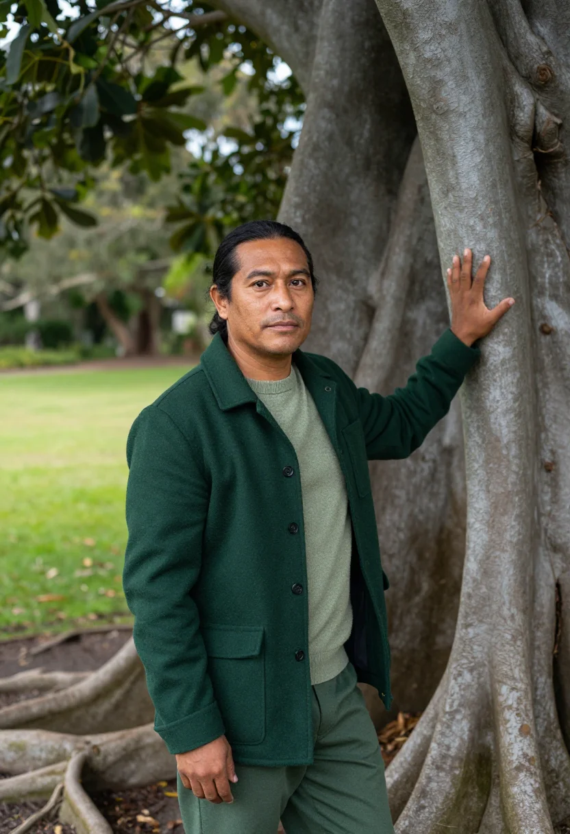 AI royal botanic botanist fig green sample — portrait of a man, a botanist of Maori descent in his fortie