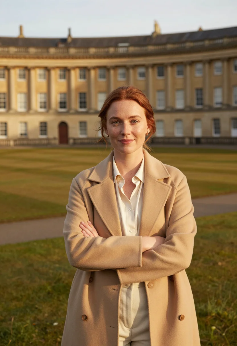 AI royal crescent architect bath stone sample — portrait of a woman, framed chest-up from the head to mid-ch
