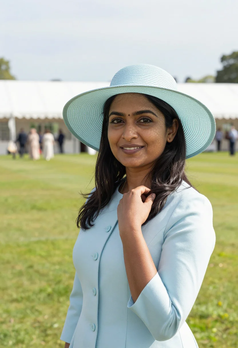 AI royal garden party may pastel hat sample — portrait of a woman, framed chest-up, the crop falling at mi