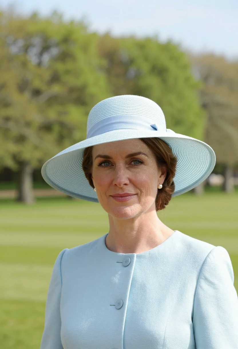 AI royal garden party may pastel hat sample — portrait of a woman, framed tight, head and shoulders, the b