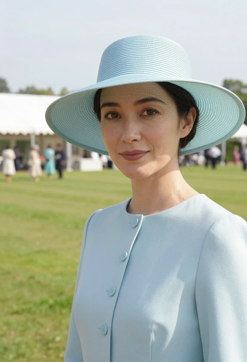 AI royal garden party may pastel hat sample — portrait of a woman, framed tight, head and shoulders, the b