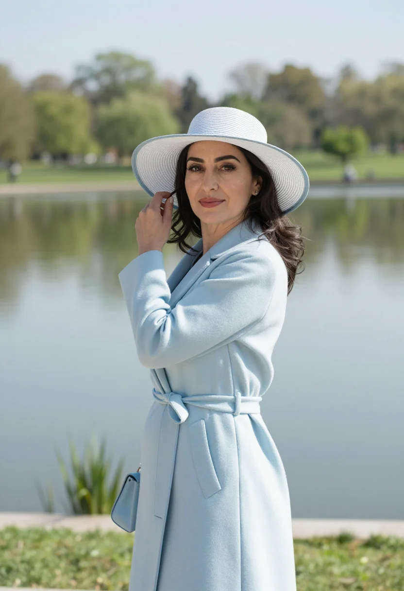 AI royal garden party may pastel hat sample — portrait of a woman, framed chest-up, the crop falling at mi