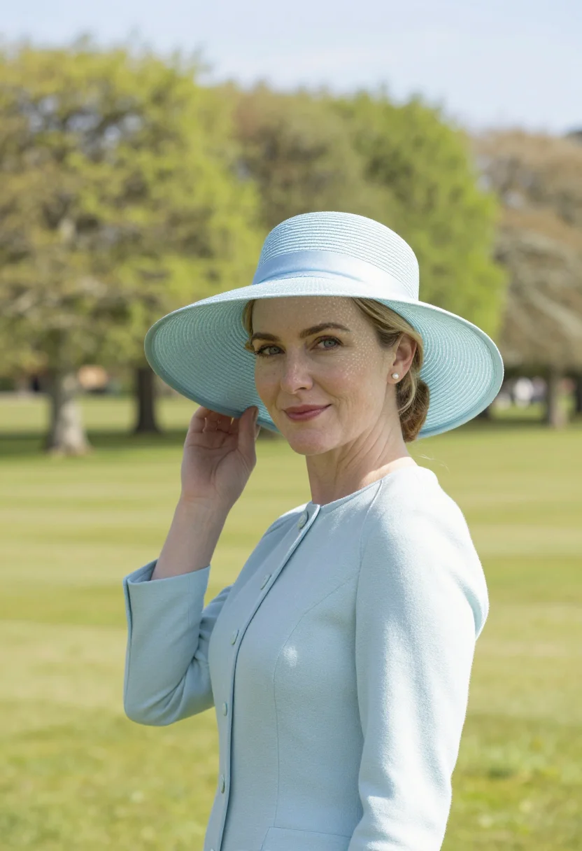 AI royal garden party may pastel hat sample — portrait of a woman, framed chest-up, the crop falling at mi