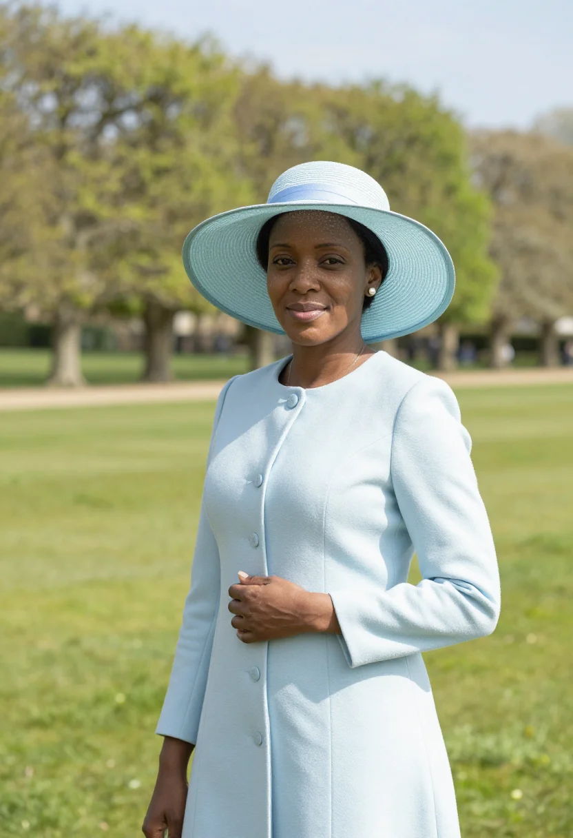 AI royal garden party may pastel hat sample — portrait of a woman, framed half-length from the waist up, t