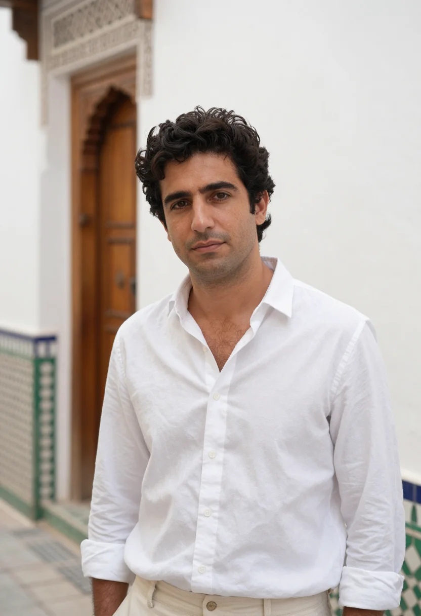 AI royal mansour marrakech medina riad white sample — portrait of a man, a Spanish guest in his mid-thirties with
