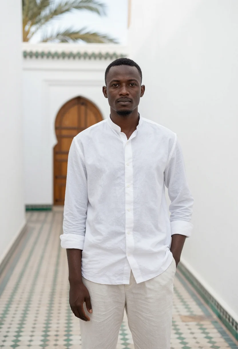 AI royal mansour marrakech medina riad white sample — portrait of a man, a Senegalese-French guest in his mid-thir