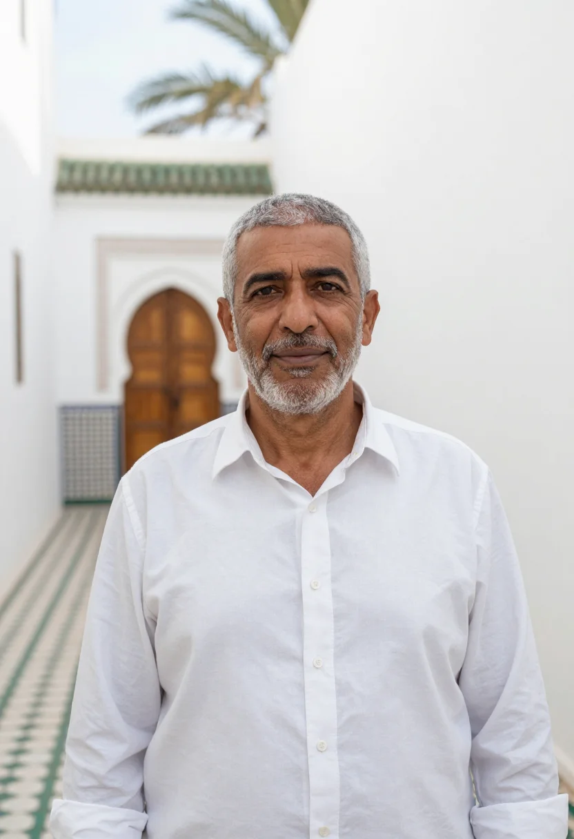 AI royal mansour marrakech medina riad white sample — portrait of a man, a Moroccan guest in his early fifties wit