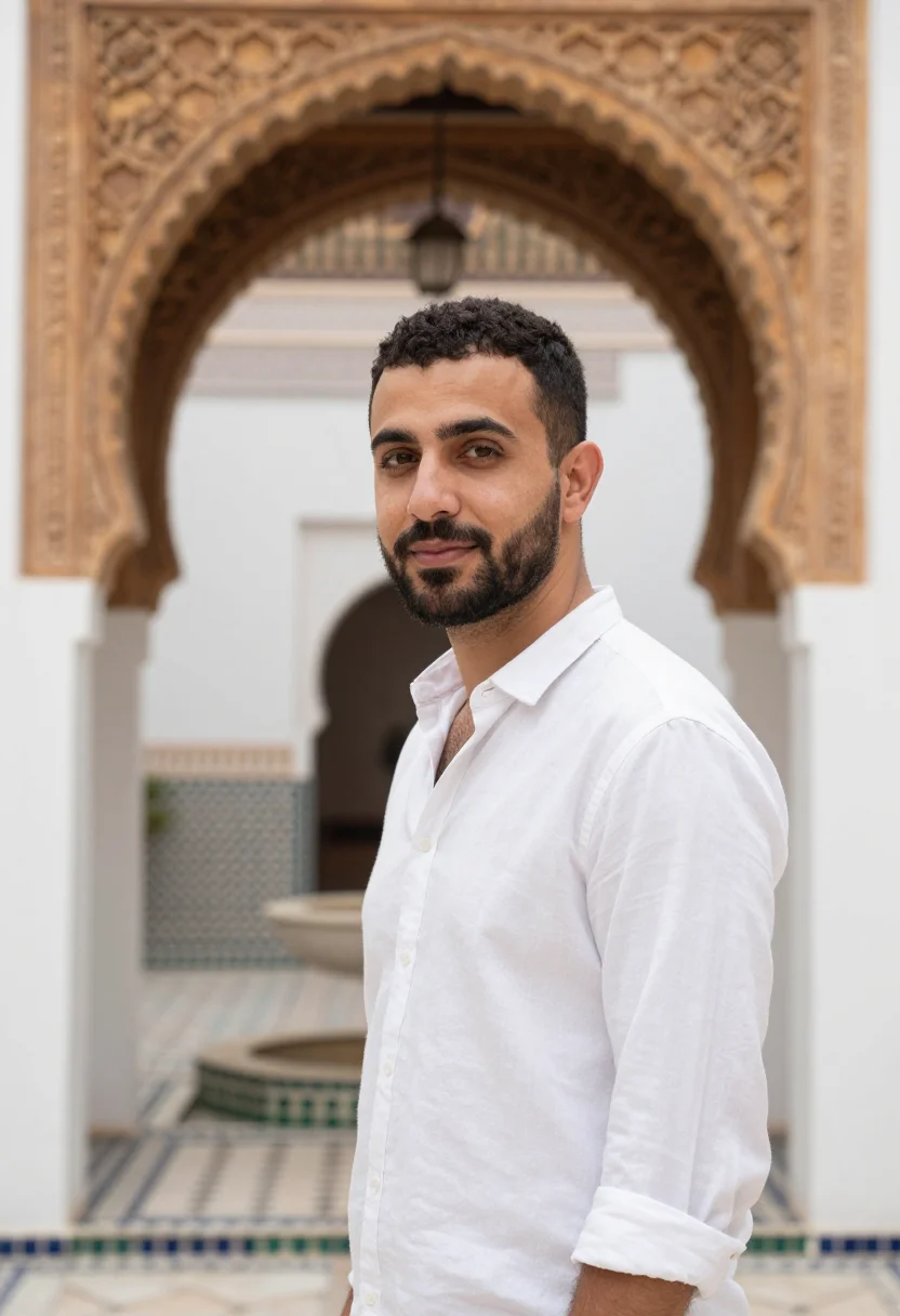 AI royal mansour marrakech medina riad white sample — portrait of a man, a Lebanese guest in his early forties wit