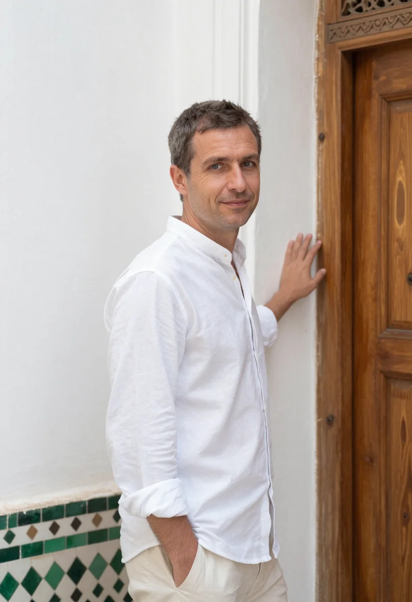 AI royal mansour marrakech medina riad white sample — portrait of a man, a French guest in his early forties with