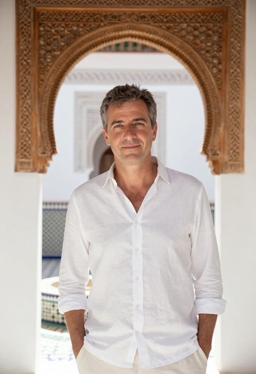 AI royal mansour marrakech medina riad white sample — portrait of a man, a British guest in his late forties with