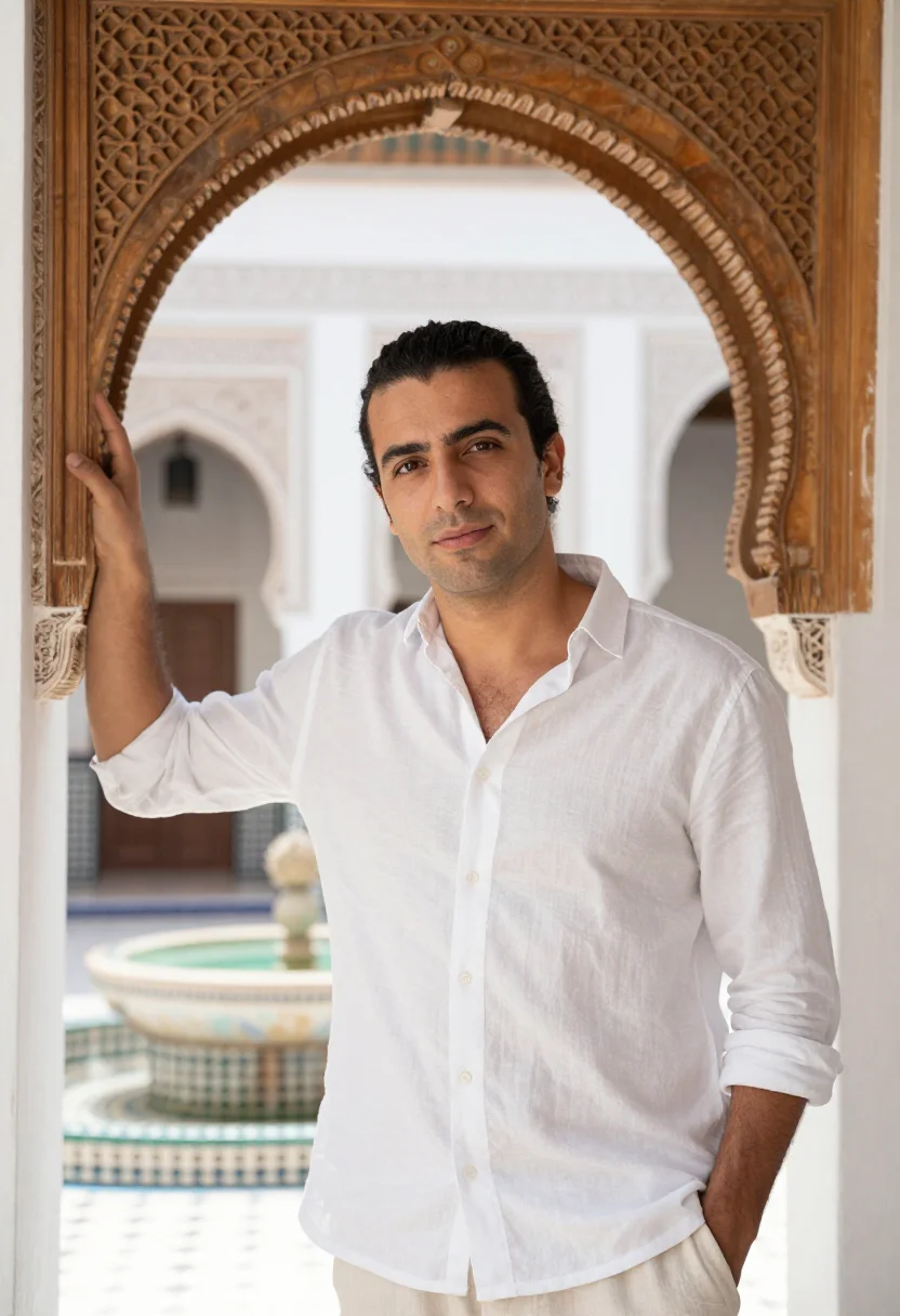 AI royal mansour marrakech medina riad white sample — portrait of a man, an Italian guest in his early thirties wi
