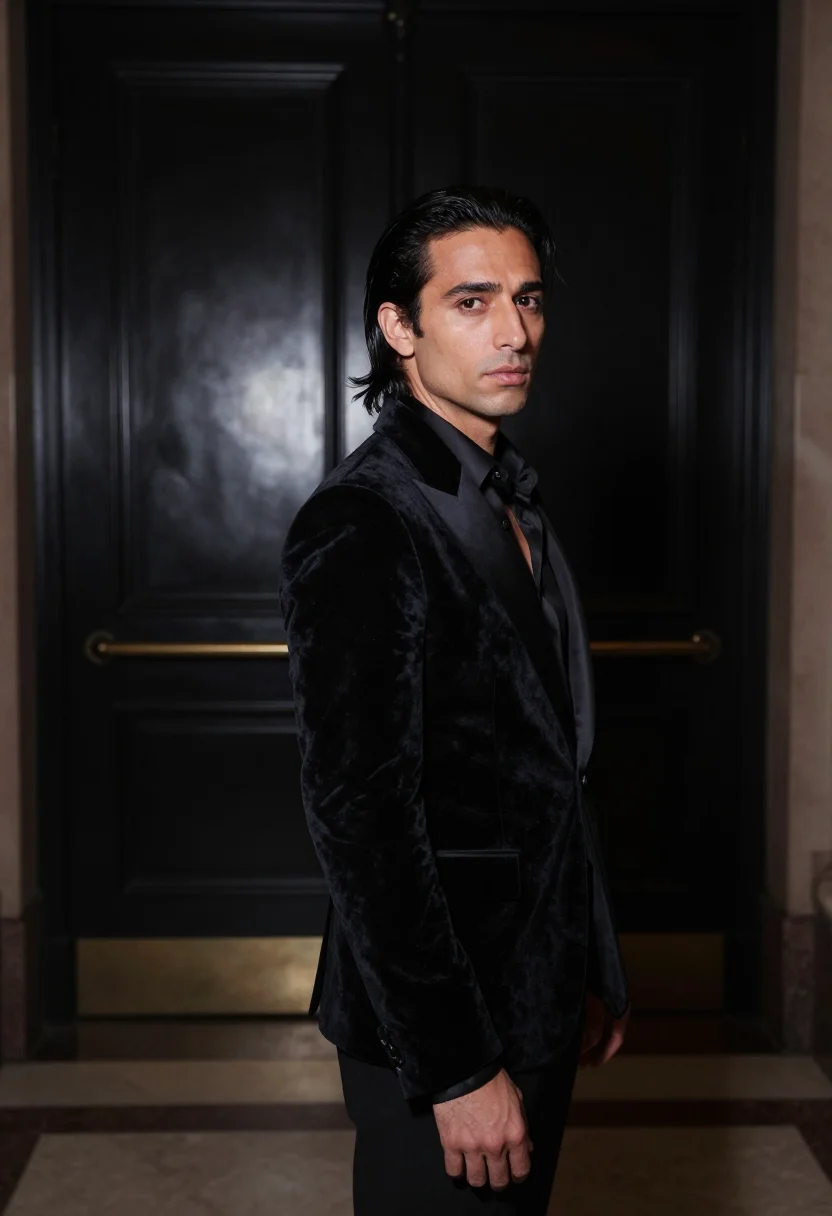 AI rudolf nureyev gala black velvet sample — portrait of a man, framed chest-up, the body close to the le