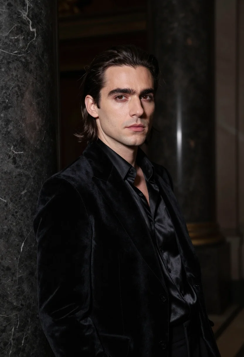AI rudolf nureyev gala black velvet sample — portrait of a man, framed tight, head and shoulders, the bod