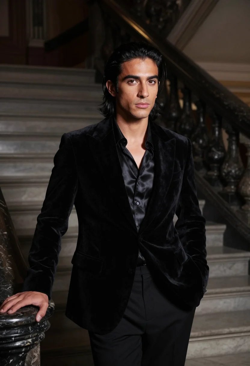 AI rudolf nureyev gala black velvet sample — portrait of a man, framed half-length, head to waist, the ca