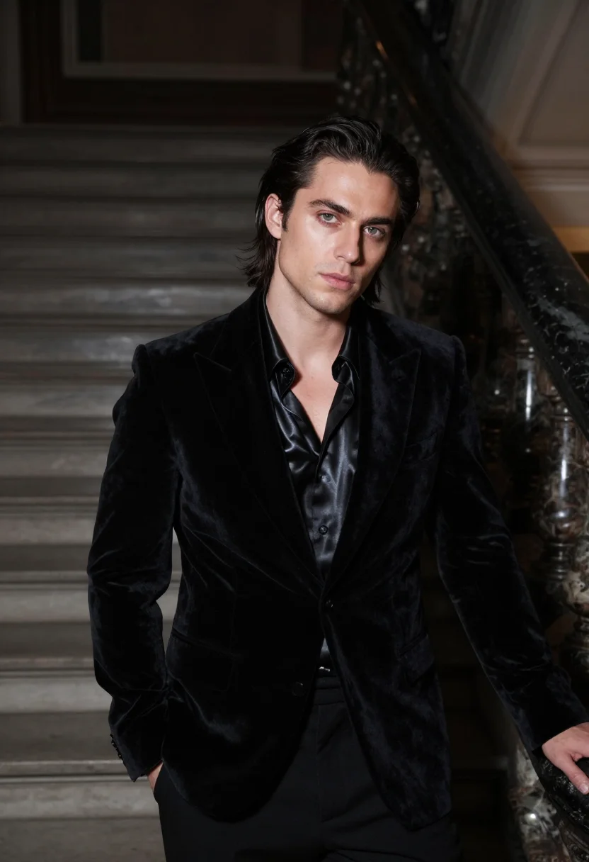 AI rudolf nureyev gala black velvet sample — portrait of a man, framed chest-up, the body close to the le