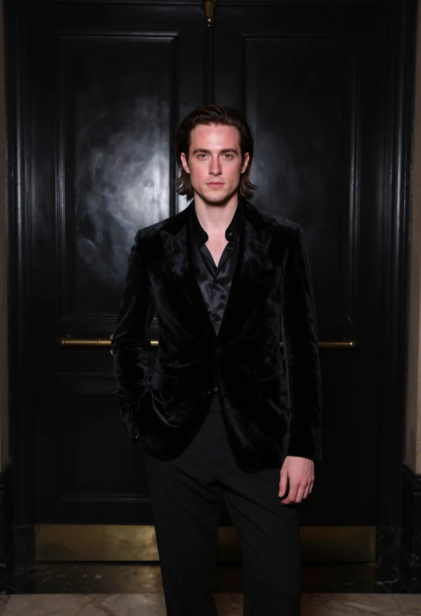 AI rudolf nureyev gala black velvet sample — portrait of a man, framed half-length, head to waist, the ca