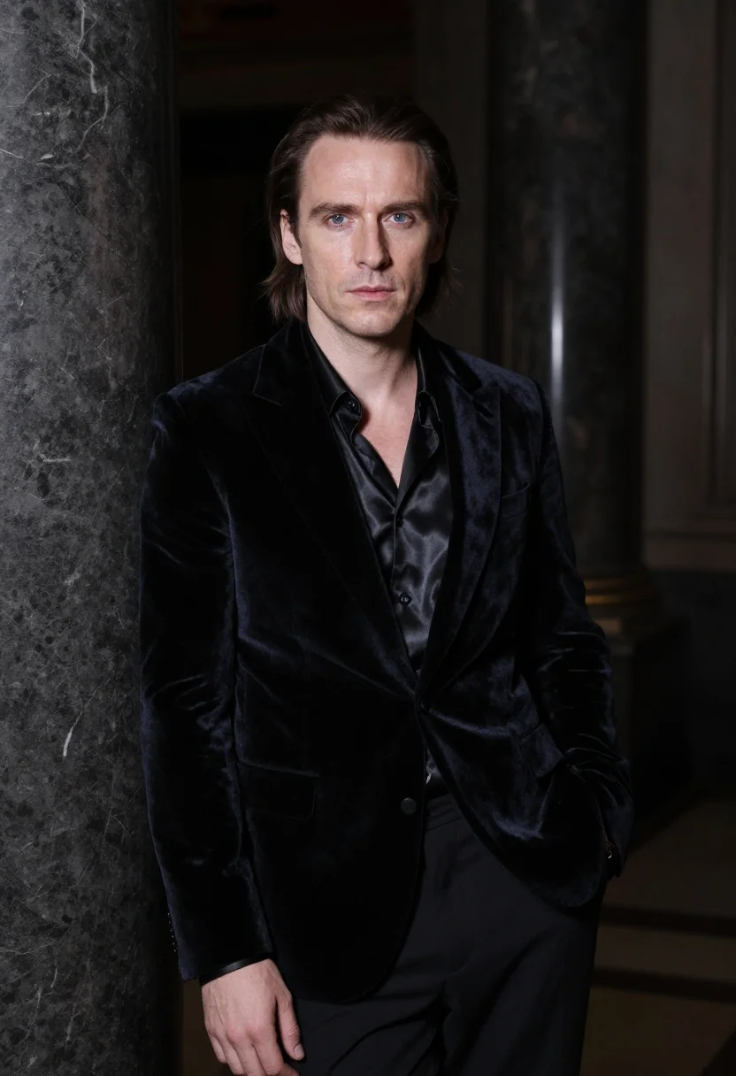 AI rudolf nureyev gala black velvet sample — portrait of a man, framed half-length, head to waist, the ca