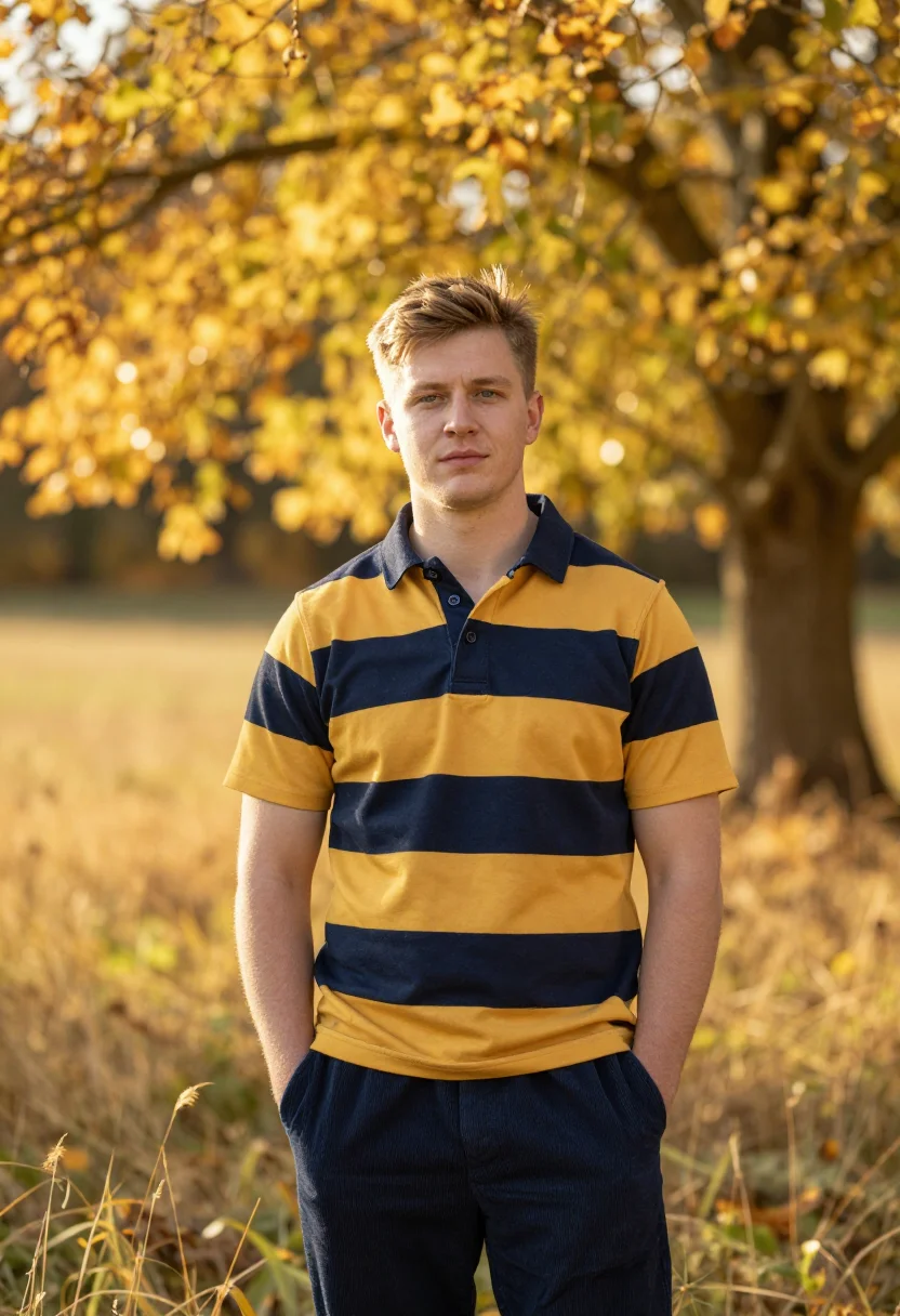 AI rugby shirt navy gold sample — portrait of a man, in his early thirties, with fair skin, gr