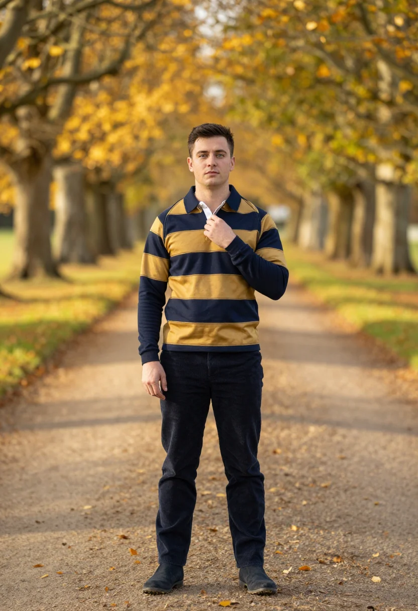 AI rugby shirt navy gold sample — portrait of a man, in his early thirties, with fair skin, gr