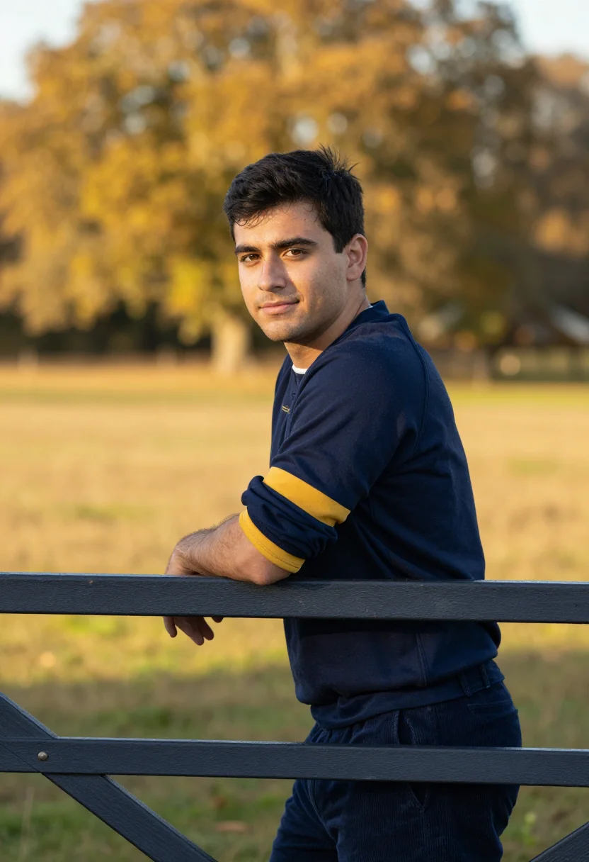 AI rugby shirt navy gold sample — portrait of a man, in his late twenties, with warm beige ski