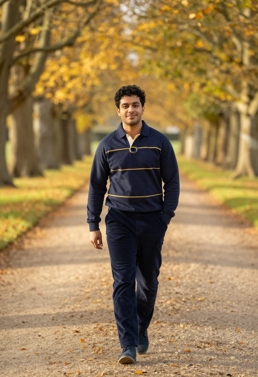 AI rugby shirt navy gold sample — portrait of a man, in his late twenties, with olive skin, br