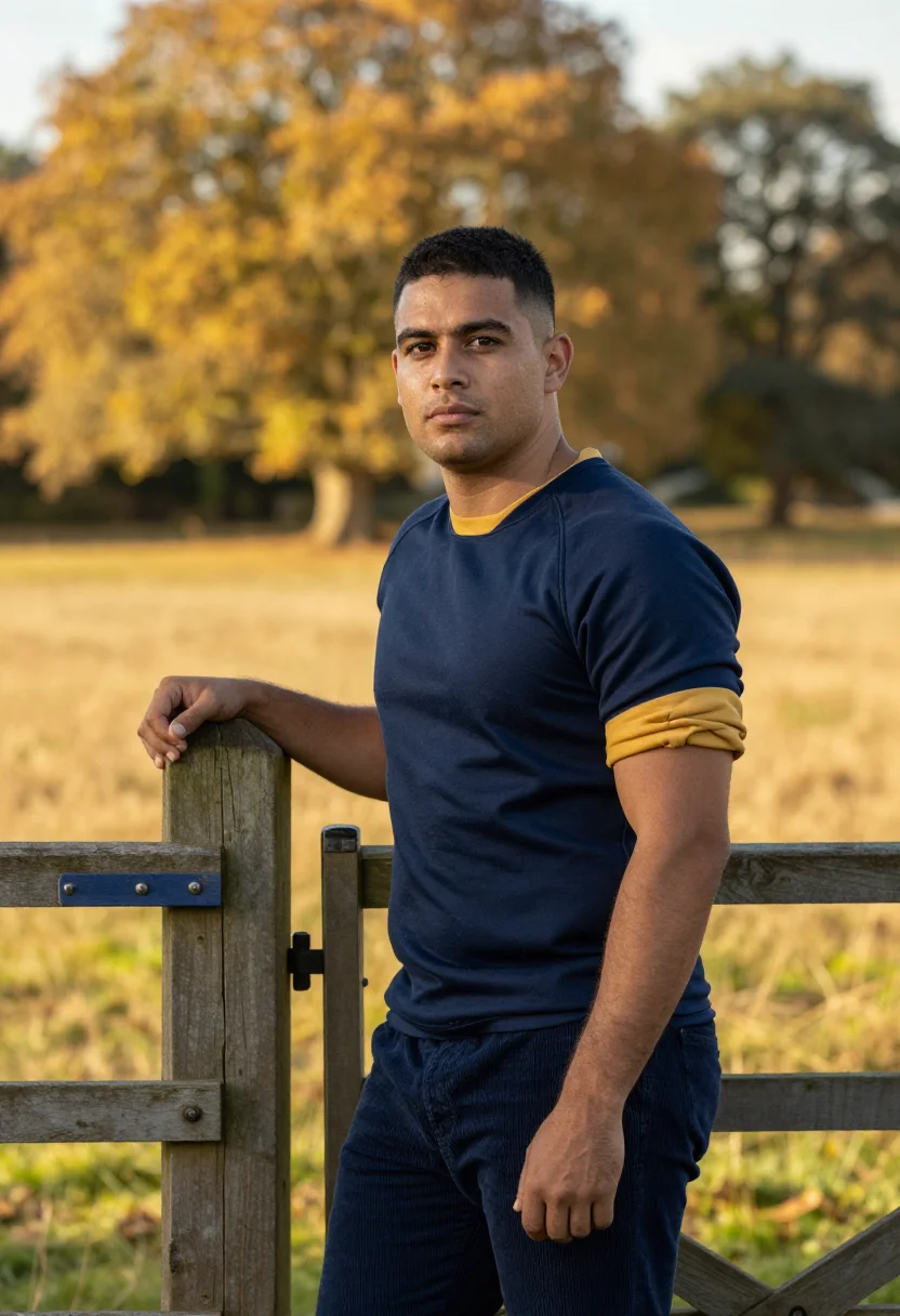 AI rugby shirt navy gold sample — portrait of a man, in his mid-thirties, with medium brown sk