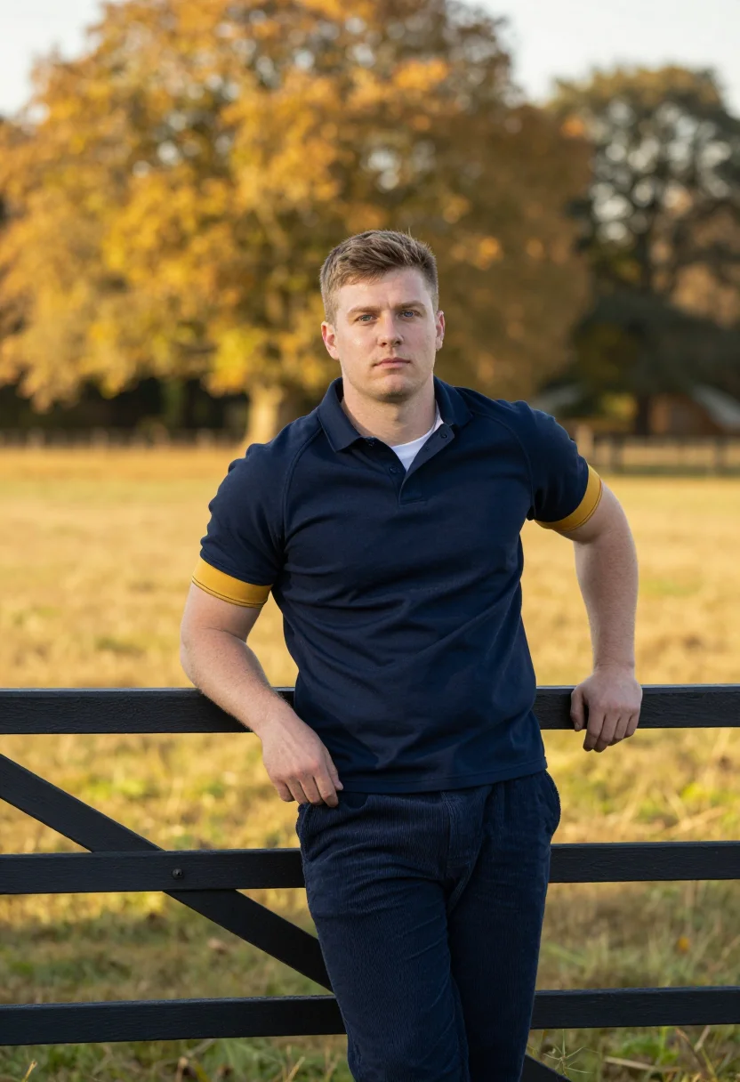 AI rugby shirt navy gold sample — portrait of a man, in his early thirties, with fair skin, bl