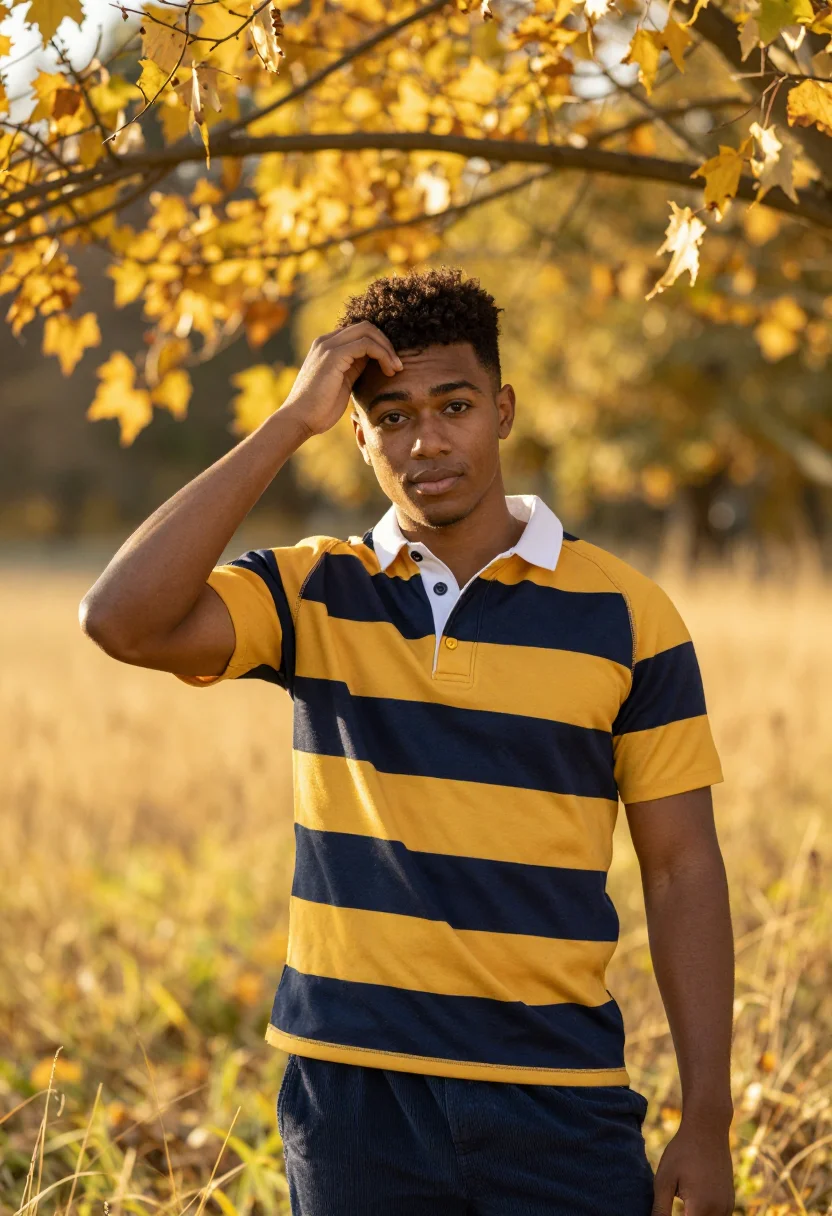 AI rugby shirt navy gold sample — portrait of a man, in his mid-twenties, with deep brown skin