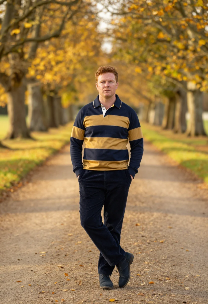 AI rugby shirt navy gold sample — portrait of a man, in his mid-thirties, with ruddy fair skin