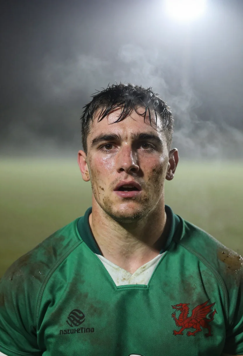 AI rugby winter green sample — portrait of a man, framed head and shoulders, the body close