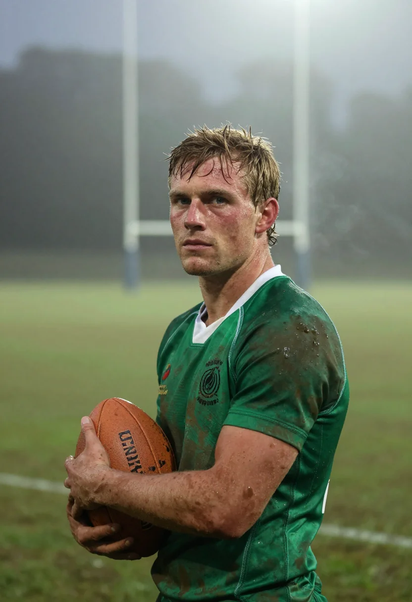 AI rugby winter green sample — portrait of a man, framed chest-up from the ribs, the body c