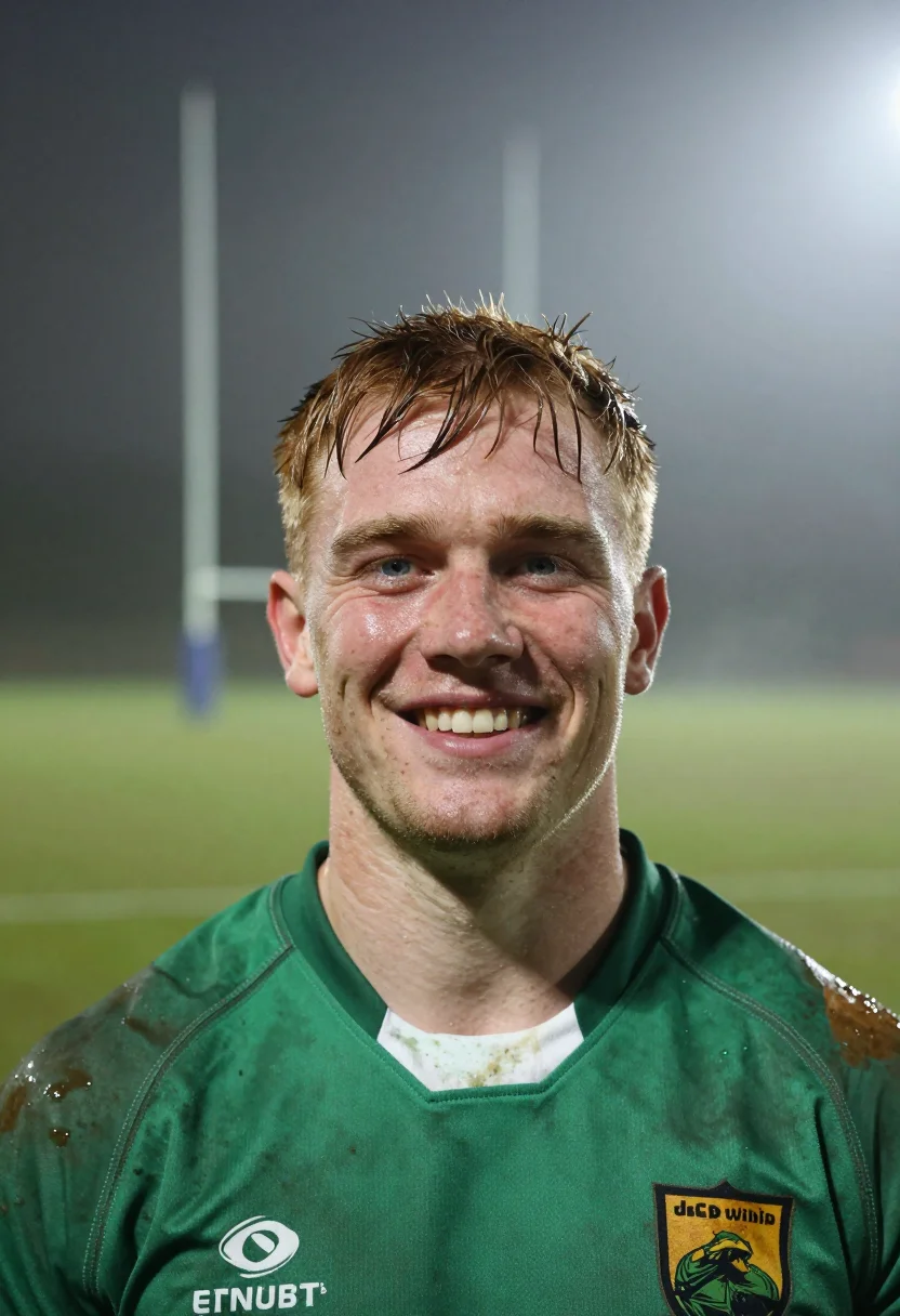 AI rugby winter green sample — portrait of a man, framed tight on the head and the top of t
