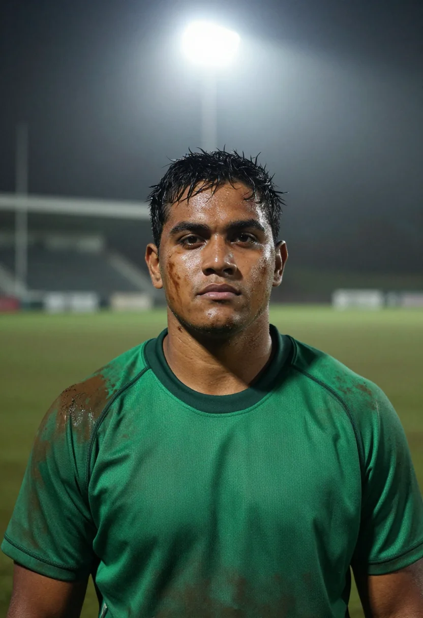 AI rugby winter green sample — portrait of a man, framed head and shoulders, the body close