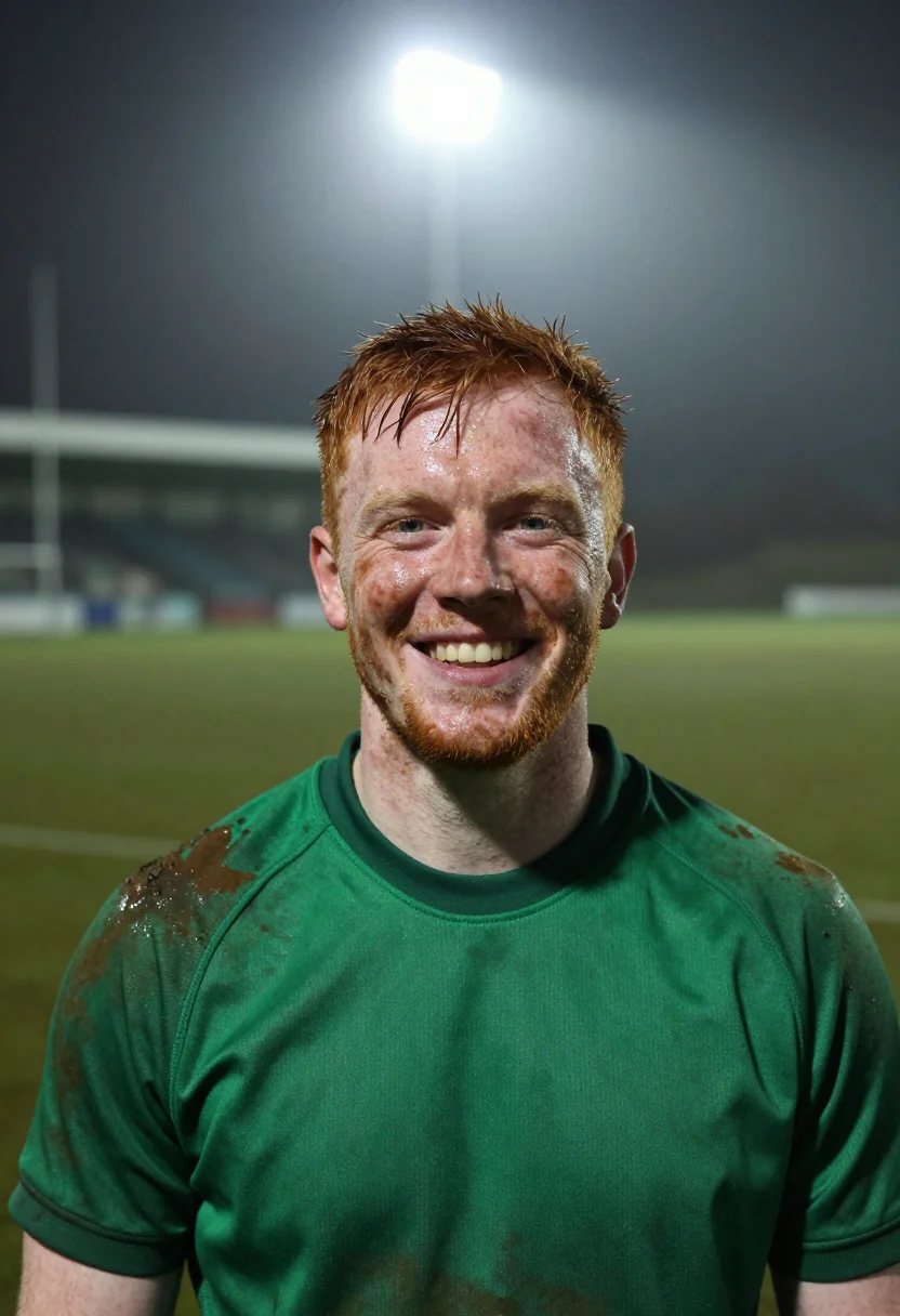 AI rugby winter green sample — portrait of a man, framed tight on the head and the top of t