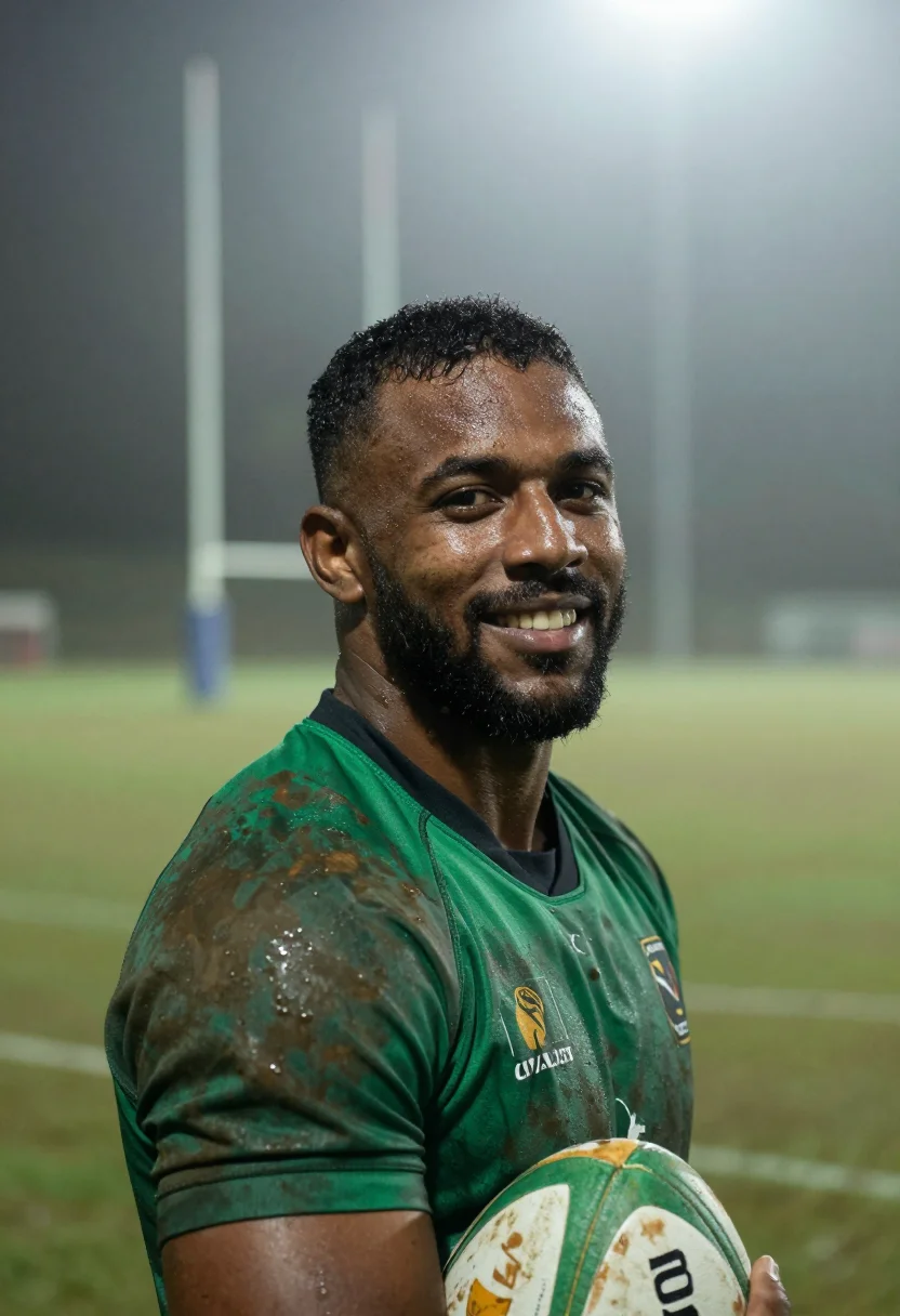 AI rugby winter green sample — portrait of a man, framed head and shoulders, the body close